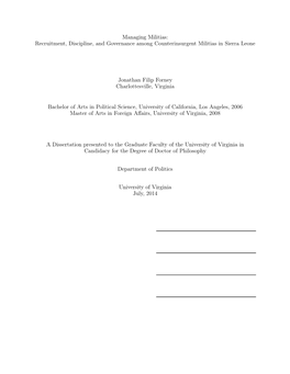 Managing Militias: Recruitment, Discipline, and Governance Among Counterinsurgent Militias in Sierra Leone