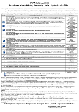 OBWIESZCZENIE Burmistrza Miasta I Gminy Szamotuły Z Dnia 15 Października 2014 R