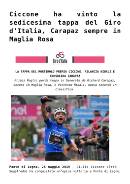 Italia, Carapaz Sempre in Maglia Rosa