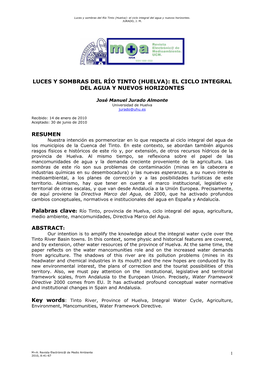 Luces Y Sombras Del Río Tinto (Huelva): El Ciclo Integral Del Agua Y Nuevos Horizontes