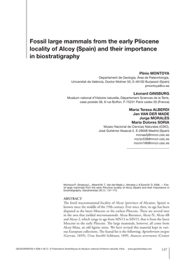 Fossil Large Mammals from the Early Pliocene Locality of Alcoy (Spain) and Their Importance in Biostratigraphy