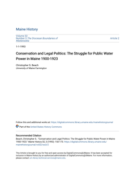 Conservation and Legal Politics: the Struggle for Public Water Power in Maine 1900-1923