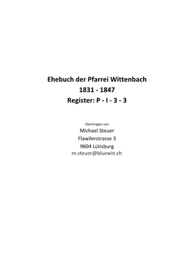 Ehebuch Der Pfarrei Wittenbach 1831 - 1847 Register: P - I - 3 - 3