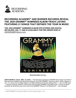 Recording Academy® and Warner Records Reveal the 2020 Grammy® Nominees Album Track Listing Featuring 21 Songs That Defined the Year in Music