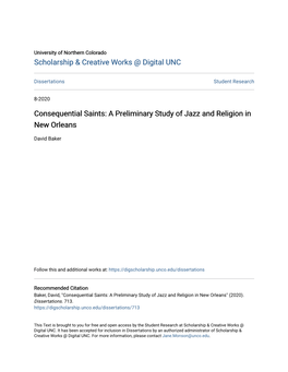 Consequential Saints: a Preliminary Study of Jazz and Religion in New Orleans