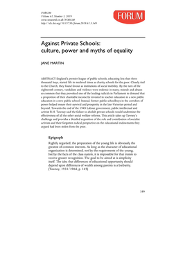 Against Private Schools: Culture, Power and Myths of Equality