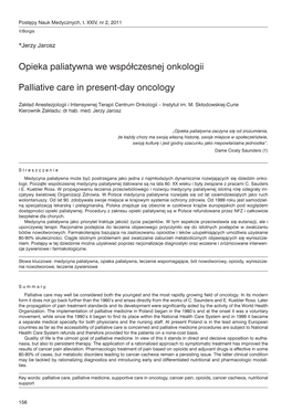 Opieka Paliatywna We Współczesnej Onkologii Palliative Care in Present