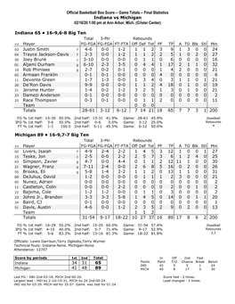 Official Basketball Box Score -- Game Totals -- Final Statistics Indiana Vs Michigan 02/16/20 1:00 Pm at Ann Arbor, Mich