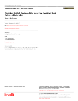 Christian Gottlob Barth and the Moravian Inuktitut Book Culture of Labrador Hans J