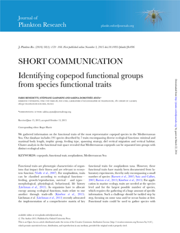 SHORT COMMUNICATION Identifying Copepod Functional Groups From