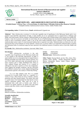 ABELMOSCHUS ESCULENTUS (OKRA) D.Sathish Kumar*, D.Eswar Tony, A