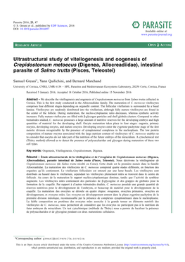 Ultrastructural Study of Vitellogenesis and Oogenesis of Crepidostomum Metoecus (Digenea, Allocreadiidae), Intestinal Parasite of Salmo Trutta (Pisces, Teleostei)