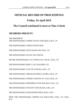 OFFICIAL RECORD of PROCEEDINGS Friday, 24 April