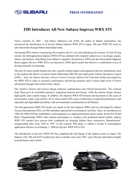 FHI Introduces All-New Subaru Impreza WRX STI