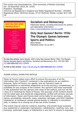 Socialism and Democracy Only Nazi Games? Berlin 1936