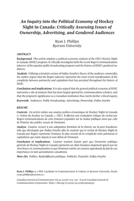 An Inquiry Into the Political Economy of Hockey Night in Canada: Critically Assessing Issues of Ownership, Advertising, and Gendered Audiences