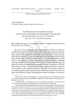 The Beginnings of the Reformation in the Light of Gdańsk and Königsberg Chroniclers of the First Half of the 16Th Century the Activity of the First Reformers