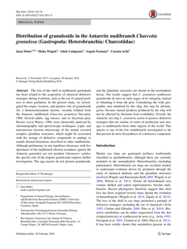 Distribution of Granuloside in the Antarctic Nudibranch Charcotia Granulosa (Gastropoda: Heterobranchia: Charcotiidae)