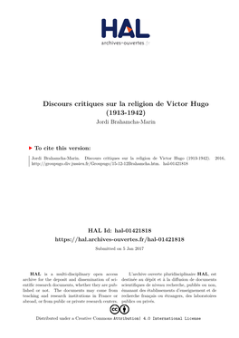 Discours Critiques Sur La Religion De Victor Hugo (1913-1942) Jordi Brahamcha-Marin