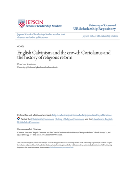 Coriolanus and the History of Religious Reform Peter Iver Kaufman University of Richmond, Pkaufman@Richmond.Edu