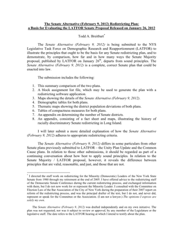 The Senate Alternative (February 9, 2012) Redistricting Plan: a Basis for Evaluating the LATFOR Senate Proposal Released on January 26, 2012