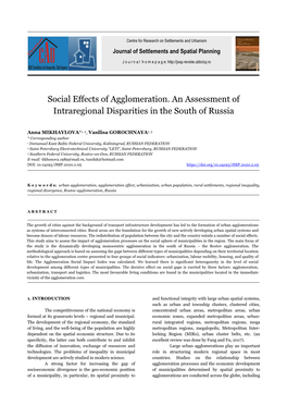 Social Effects of Agglomeration. an Assessment of Intraregional Disparities in the South of Russia