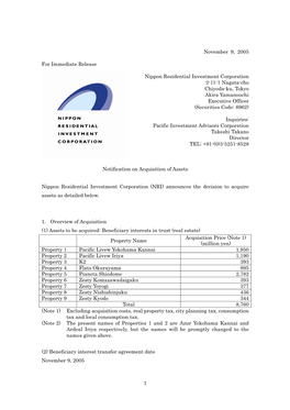 Nippon Residential Investment Corporation 2-11-1 Nagata-Cho Chiyoda-Ku, Tokyo Akira Yamanouchi Executive Officer (Securities Code: 8962)