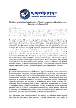 Mini Report Following Round Table Discussion on “Women’S Participation and Land Rights” Held in Battambang on 21 February 2013