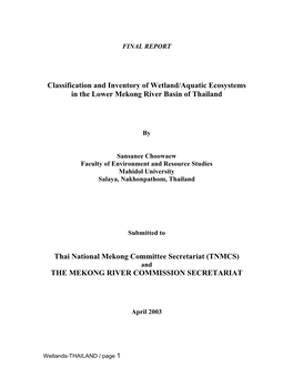 Classification and Inventory of Wetland/Aquatic Ecosystems in the Lower Mekong River Basin of Thailand