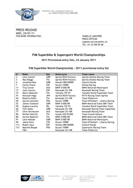 PRESS RELEASE FIM Superbike & Supersport World Championships