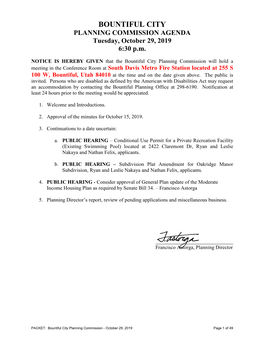 BOUNTIFUL CITY PLANNING COMMISSION AGENDA Tuesday, October 29, 2019 6:30 P.M