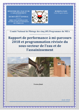 Rapport De Performance À Mi-Parcours 2018 Et Programmation Révisée Du Sous-Secteur De L’Eau Et De L’Assainissement