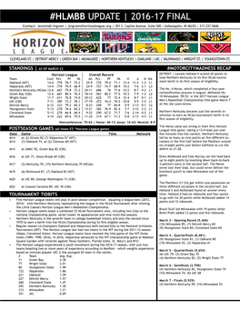 HLMBB UPDATE | 2016-17 FINAL Contact: Jeremiah Ingram | Jingram@Horizonleague.Org | 201 S