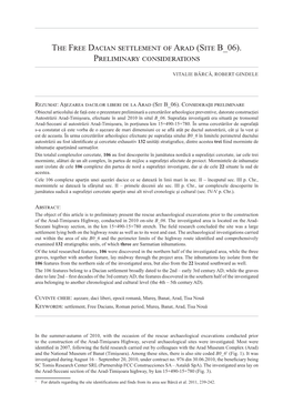 The Free Dacian Settlement of Arad (Site B 06). Preliminary Considerations