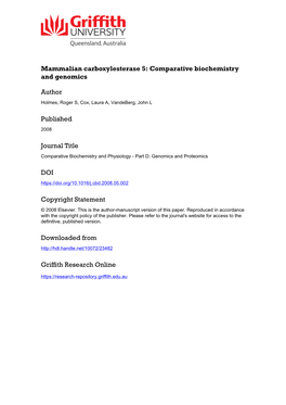 Comparative Biochemistry and Genomics