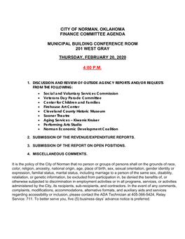 City of Norman, Oklahoma Finance Committee Agenda Municipal Building Conference Room 201 West Gray Thursday, February 20, 2020 4