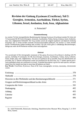 Revision Der Gattung Erysimum (Cruciferae), Teil 2: Georgien, Armenien, Azerbaidzan, Türkei, Syrien, Libanon, Israel, Jordanien, Irak, Iran, Afghanistan