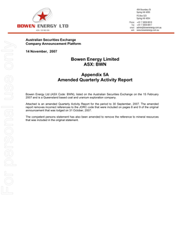 Bowen Energy Limited ASX: BWN