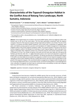 Characteristics of the Tapanuli Orangutan Habitat in the Conflict Area of Batang Toru Landscape, North Sumatra, Indonesia
