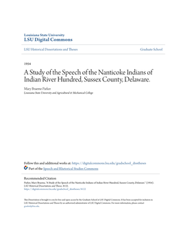 A Study of the Speech of the Nanticoke Indians of Indian River Hundred, Sussex County, Delaware