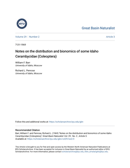 Notes on the Distribution and Bionomics of Some Idaho Cerambycidae (Coleoptera)