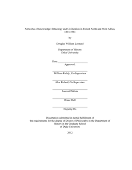 Networks of Knowledge: Ethnology and Civilization in French North and West Africa, 1844-1961