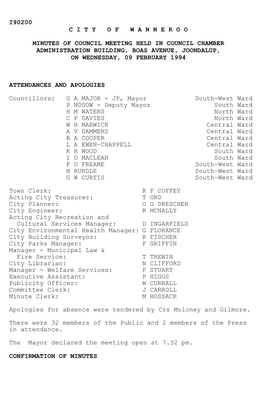 Minutes of Council Meeting Held in Council Chamber Administration Building, Boas Avenue, Joondalup, on Wednesday, 09 February 1994