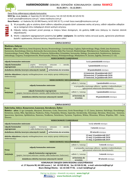 HARMONOGRAM ODBIORU ODPADÓW KOMUNALNYCH - GMINA RAWICZ 01.01.2017 R