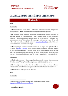 CALENDARIO DE EFEMÉRIDES LITERARIAS1 Noviembre