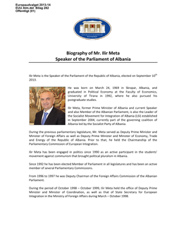 Biography of Mr. Ilir Meta Speaker of the Parliament of Albania