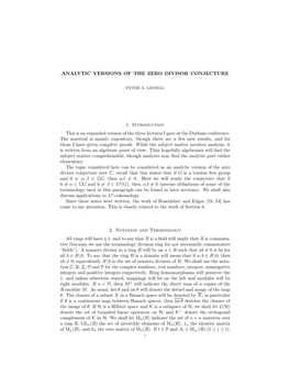 ANALYTIC VERSIONS of the ZERO DIVISOR CONJECTURE 1. Introduction This Is an Expanded Version of the Three Lectures I Gave At