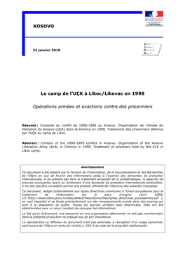 DIDR, Kosovo : Le Camp De L'uçk À Likoc/Likovac En 1998, Ofpra, 22/01