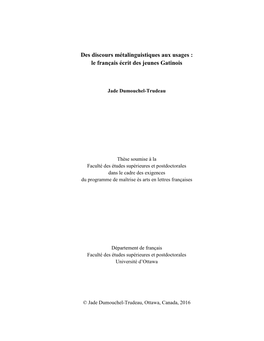 Des Discours Métalinguistiques Aux Usages : Le Français Écrit Des Jeunes Gatinois