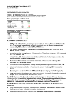 KAZAKHSTAN STOCK MARKET March 11-17, 2010